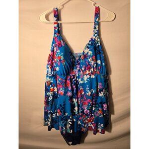 Bal Harbour Womens Plus Size Slimming Swimsuit One Piece Ruffles 22W Blue Floral
